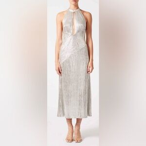 NWT Galvan London Metallic Jersey Halter Midi Dress Platinum Silver Sz 10